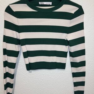 Zara Forest Green and Cream Striped Long Sleeve Top